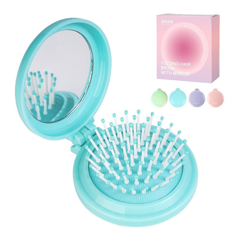 RHOS Folding Brush with Mirror for Women, Men & Kids - Compact, Portable, and Foldable for Travel, Purse or Pocket (Blue) - Image 1